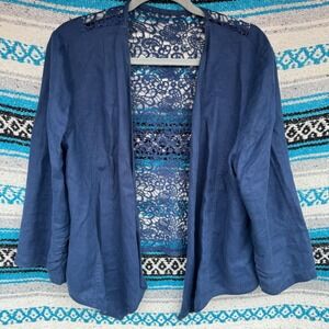 Chicos Navy Blue 100% Linen Lace Back Open Front Cardigan Jacket 3/4 Sleeve 124